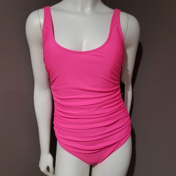 DKNY Neon Pink Ruched Mesh-Contrast One-Piece Swimsuit Size 8 - Picture 2 of 12
